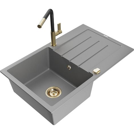 Mexen Bruno 1 Becken-Granitspüle mit Abtropffläche und Mischbatterie Flora, Grau - 6513-71-670401-57
