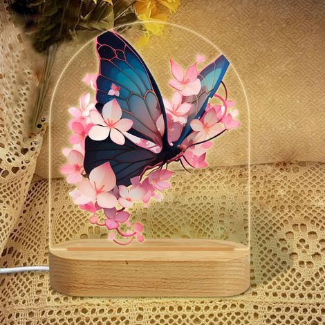 Veilleuse en forme d'arc avec papillon bleu et fleurs roses Lampe LED 7 couleurs Décoration chambre enfant Cadeau baby shower (1/5)