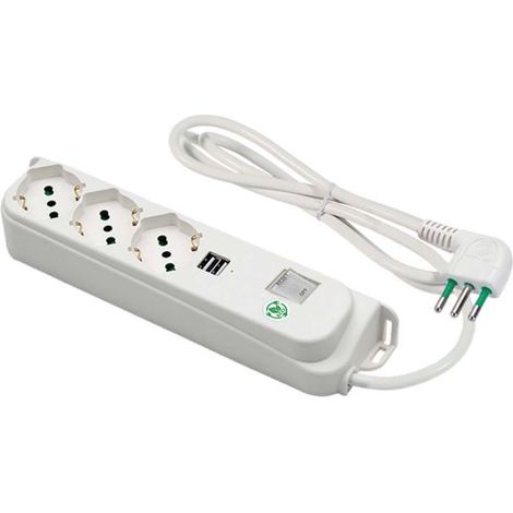 FANTON Multipresa OMEGA 3 prese bipasso schuko + 2 prese USB-A 5V 2,1A cavo 1,5 m. spina italiana 10A+ interruttore automatico luminoso di sovraccarico 474504ECO