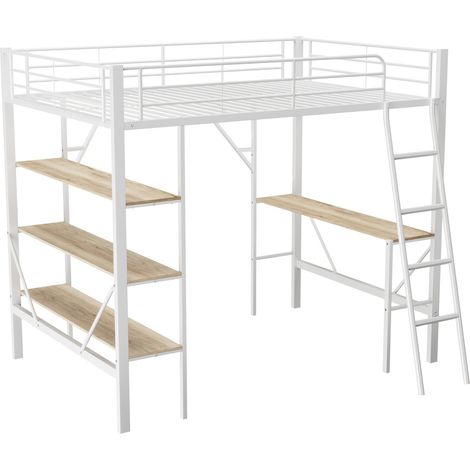 Cama alta 90x200 cm de metal con escritorio y 3 estantes de MDF, blanca, HOMVRA (1/5)