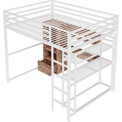 Lit mezzanine, lit en métal, avec éclairage LED, bureau, 1 tiroir, étagères, rambarde, escalier, sans matelas