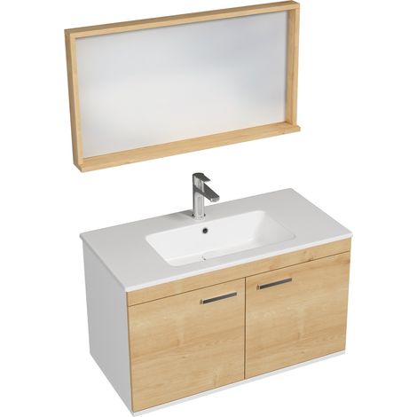 RUBITE Meuble salle de bain simple vasque 2 portes chêne clair largeur 90 cm + miroir cadre