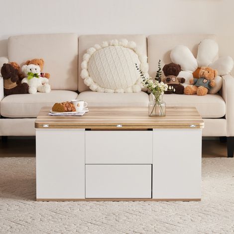 Table basle fixe relevable-Plateau ouvrant en 2 tables-Blanc et bois-Grande capacité-Moderne-Salon ou bureau-100x51x47cm (1/5)