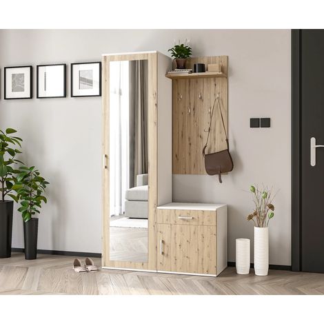 AX LIVING Garderobe mit Spiegel Magnola – 100cm Breit, Weiß & Artisan-Eiche