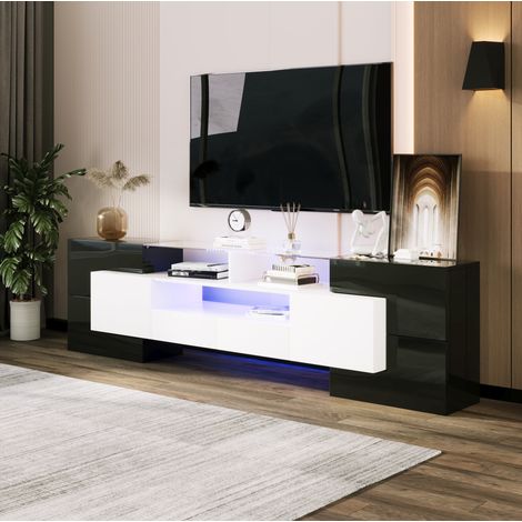 Mueble para TV de aglomerado y MDF negro/blanco 200 x 35 x 60 cm con LED, 4 puertas, 2 cajones y 3 huecos (1/5)