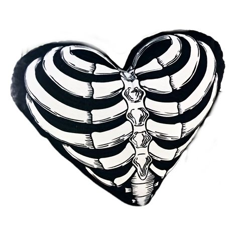Coussin décoratif gothique vintage en forme de cœur squelette, un accessoire unique pour le salon et Halloween, avec un motif texturé de cage thoracique, noir et blanc.