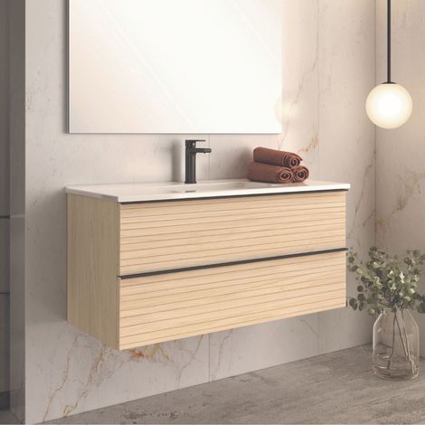 Armoire de toilette murale 100 cm avec 2 commodes en chêne clair effet strié - Elius (1/2)