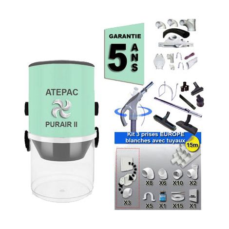 Aspiration centralisée ATEPAC PURAIR II (jusqu'à 180 M²), Garantie 5 ans + Set inter 9 M + 8 accessoires + kit 3 prises + kit prise balai + kit prise garage (1/5)