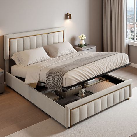 Cama matrimoniales 160x200 con almacenamiento, cama doble tapizada, cama de adulto con palanca hidráulica, cabecero con diseño bañado en oro, terciopelo, beige (1/5)