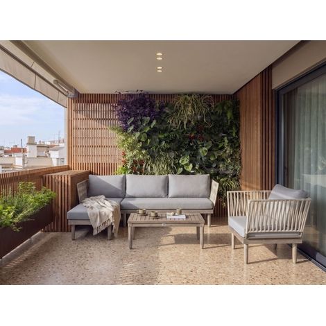 Conjunto de jardín sofá esquinero derecho sillón y mesa de centro madera de acacia marrón y gris Cremona (1/5)