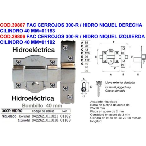 Cerratura a chiave 300-R Idro Nichel Sinistra Cilindro 40 mm
