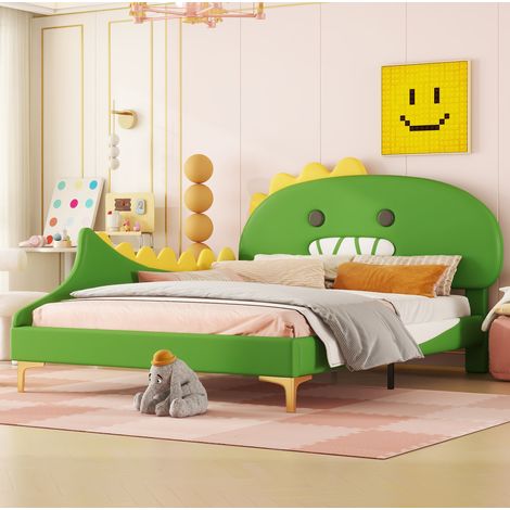 Lit enfant dinosaure 140x200 cm en PU vert avec tete de lit fantaisie et sommier a lattes (1/5)