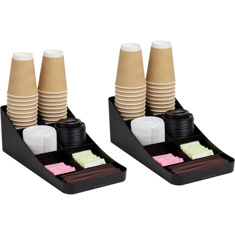 Lot de 2 distributeurs de tasses à café et condiments à 7 compartiments, organiseurs de comptoir, 39,4 x 18,4 x 13,3 cm (L x l x H), plastique, noir (1/5)
