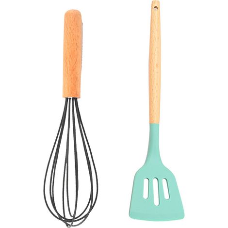 Ensemble Ustensiles Cuisine - Silicone Et Bois Naturel - Résistant Chaleur Pour Poêles Antiadhésives - Lot De 2 Pièces (1/5)