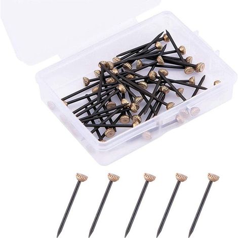 (Black Gold) 50-piece pack of hook nails, with plastic storage box, brass head nails and heavy-duty drywall hooks. (1/4)