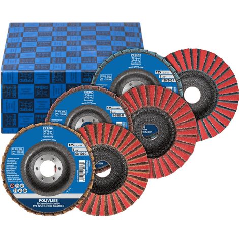PFERD TOOLS POLIVLIES-Fächerscheiben Set PVZ 3-tlg. Keramik Ø 125 mm Boh. Ø 22,23 mm CO-COOL60/G,80/M,120/F (1/5)