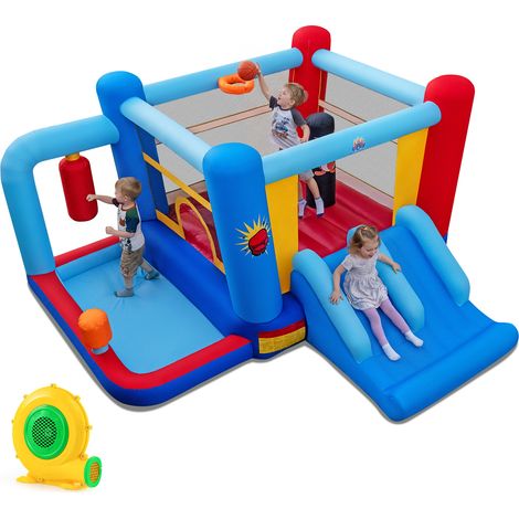 Structure Gonflable pour Enfants 3-12 Ans avec Sacs de Frappe, Piscine à Balles, Panier de Basket, Double Toboggans & Souffleur 550W (1/5)