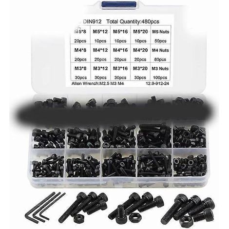 Assortiment de 480 vis à tête fraisée hexagonale M3, M4 et M5, comprenant vis, boulons et écrous à tête plate. (1/5)