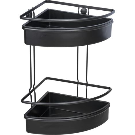 Étagère d'angle, tablette à 2 niveaux avec paniers profonds pour poser les articles d'hygiène en sécurité, inox laqué mat avec insert plastique, (l x H x L) : 30x35x21,5 cm, noir (1/5)
