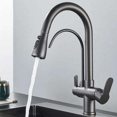 Robinet de cuisine 3 voies avec douchette extensible en acier inoxydable gris, mitigeur 3 en 1, robinet d'eau potable, robinet de cuisine pour filtre à eau (1/5)
