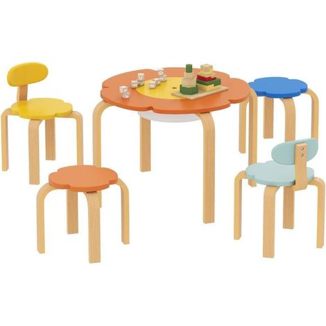 Ensemble 5 pièces table et chaises enfant en bois coloré forme fleur, avec sac de rangement pour chambre et salle de jeux (1/5)