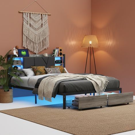 Letto matrimoniale 140x200 cm con illuminazione a LED, cassetti e struttura in metallo con testiera in legno - Nero (1/5)