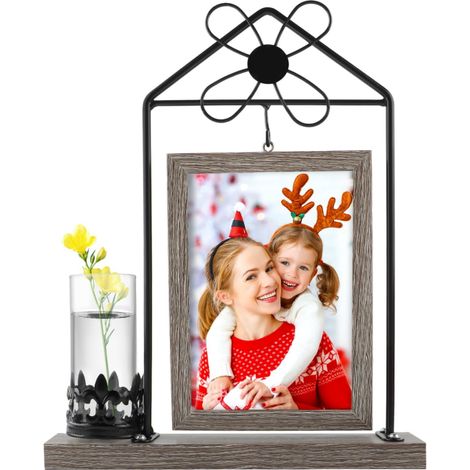 Cadre photo en bois, 10 x 15 cm, Avec vase et support en métal, Double verre, Personnalisé, Vintage, Cadeau photo, Pour Noël, mariage, famille