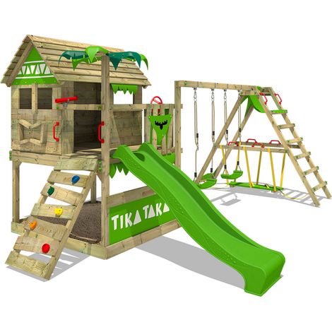 FATMOOSE Wooden climbing frame TikaTaka with swing set SurfSwing and slide, Playhouse on stilts for kids with sandpit, climbing ladder & play-accessories - apple green (1/5)