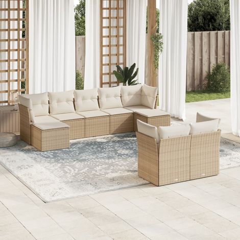 Ensemble Salon Jardin 9 Places Résine Tressée Beige avec Coussins - Canapé d'Angle Modulaire XXL pour Terrasse (1/3)