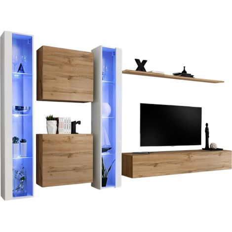 Composizione murale SWITCH XVI – Mobile TV, vetrine LED, cubi e mensola – Quercia Wotan e bianco lucido – Design contemporaneo (1/2)