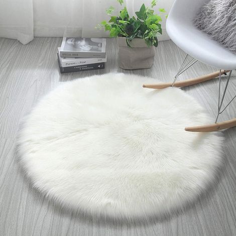 Tapis rond blanc en fausse fourrure moelleuse - Tapis doux et antidérapant en polaire pour salon, chambre, canapé - 45 x 45 cm (1/5)
