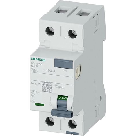 Siemens Interruptor diferencial, 2-polos, Tipo A, In: 16 A, 30 mA, Un AC: 230 V, 5SV33116