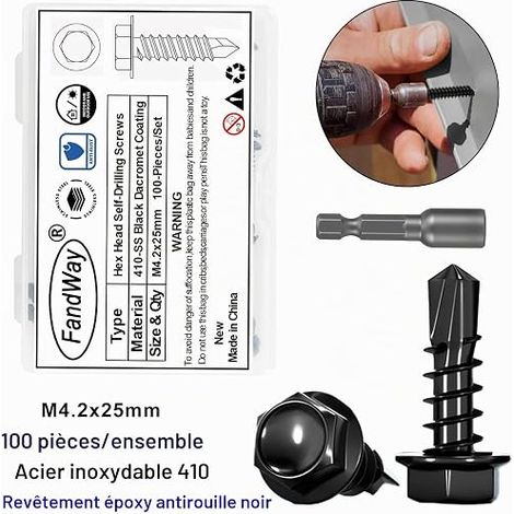 Vis Autoforeuse Metal Noir,M4,2x25mm Vis à Tôle Autotaraudese à Tete Hexagonale et Autoperceuse Autoperforante Inox 410 avec Bits pour Aluminium Bois Plastique. (1/4)