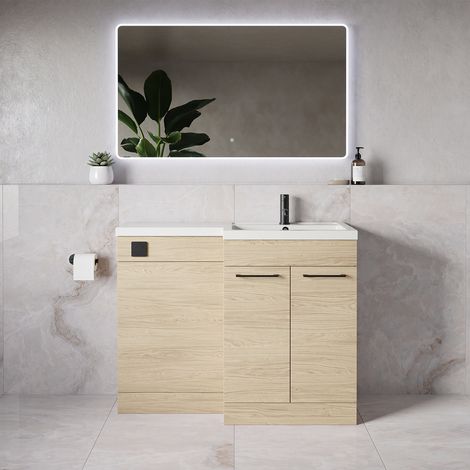 Napoli 390 Light Oak 1100mm 2 Door Vanity Unit Toilet Suite with Square Right Hand Lucia Basin - 1100mm - Matt Black 160mm HandleWithout Kingston Toilet Pan