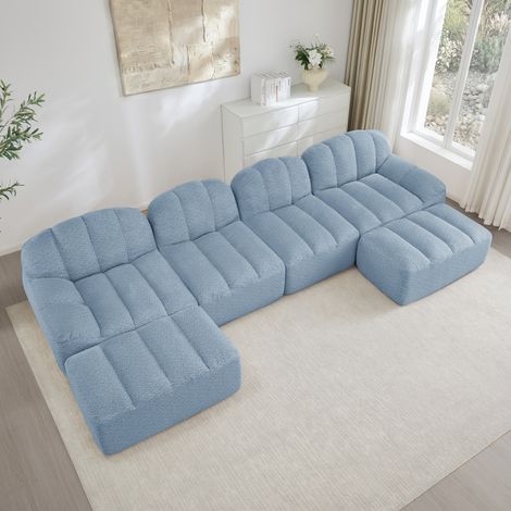 Sofá modular en U para 4 plazas con 2 otomanas, azul, tejido suave (1/5)
