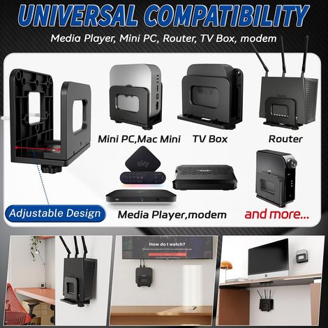 Support Mural Universel Réglable pour Routeur WiFi, Box TV et Mini PC - Support VESA pour Mini PC, Lecteurs Multimédia, Modems - Étagère Gain de Place pour Appareils jusqu'à 6,5 cm d'épaisseur (1/5)