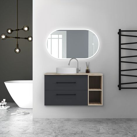AICA Ensemble de meubles de salle de bain Suspendu avec Vasque + 2 Rangements Ouverts, 100x46x52cm, Ovale Miroir Tricolore et Dimmable