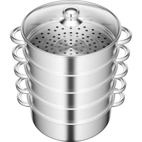 Vaporera de 28 cm Vaporera de 5 niveles Cacerola de acero inoxidable Vaporiza alimentos como pan, albóndigas, verduras (1/5)