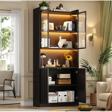 Vitrine haute LED 80 x 35 x 200 cm en panneaux de particules et verre trempé, noire (1/5)
