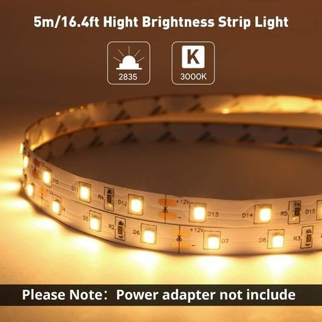 Warmweißer LED-Streifen, 5 m, selbstklebend, 300 SMD 2835 LEDs, 3000 K, 18 W, 1200 lm, LED-Streifenleuchte für Schlafzimmer, Decke, Schaufenster (12-V-Netzteil nicht im Lieferumfang enthalten) [Energi (1/4)