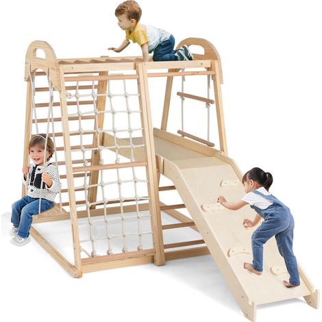 Aire de jeux bois 8 en 1 structure escalade toboggan et balançoire barre de singe pour chambre et jardin (1/5)