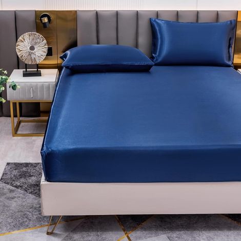 Drap Housse Satin 160x200 cm 2 Personnes avec Grand Bonnet de 30 cm pour Matelas Épais - Drap-Housse Douce en Satin de Polyester Couleur Unie, Bleu Marine (1/5)