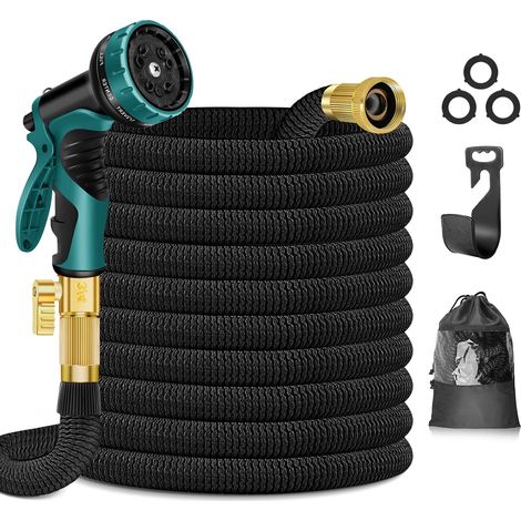 Tuyau d'arrosage de 30 m avec pistolet pulvérisateur 10 modes et connecteurs en laiton massif, tuyau d'arrosage extensible, noir, 30 m (1/5)