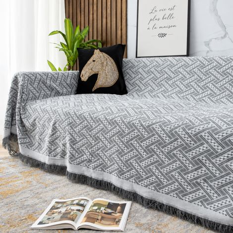 Plaid Jeté de Canapé 130 × 130 cm carreaux en T entrelacés gris et blanc Polycoton Couvre-Lit 35 × 23 × 1,5 cm 658 g – Livraison gratuite