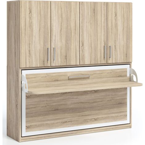 Les Tendances – Lit escamotable 140x190 cm – Armoire 4 portes – Tablette bureau – Système de vérins à gaz – Matelas mousse 18 cm – Rouge – Profondeur 34,5 cm (1/5)