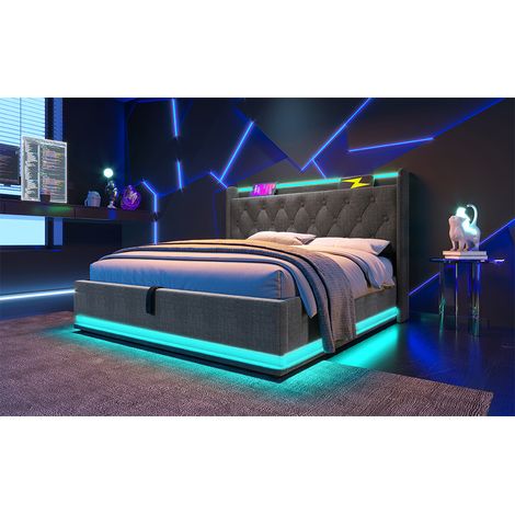 Lit double 140×200 cm, LED, capacité 360 L, commande bouton/appli/télécommande, lin gris, système hydraulique, dessus rembourré, charge USB‑C, avec ou sans matelas. (1/5)