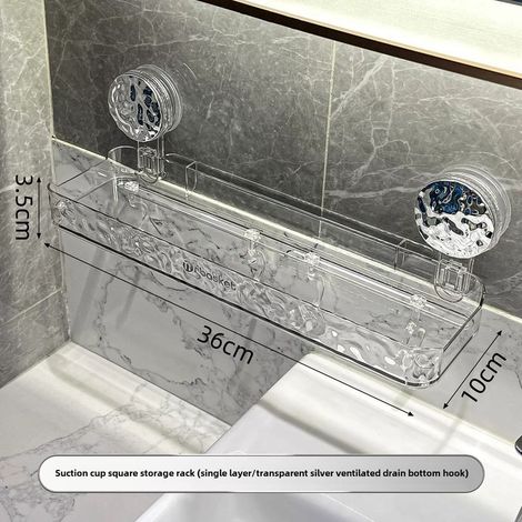 Étagère de rangement carrée transparente argentée à ventouse pour toilettes, sans perçage, fixation murale, organisateur de rangement pour lavabo, pour salle de bain. (1/5)