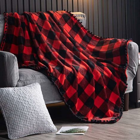 Fleecedecke mit Quastenfransen, rot-schwarz karierter Flanellüberwurf für Schlafsofa, geeignet für alle Jahreszeiten (130 x 150 cm)