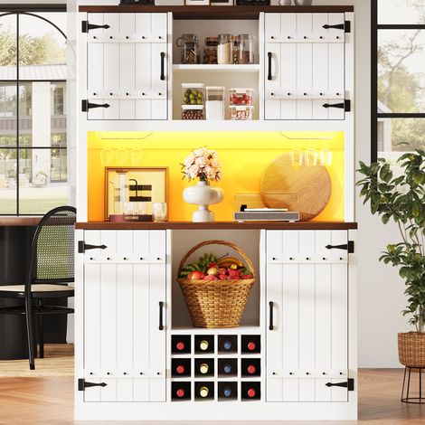 Credenza alta da cucina bianca con porte stile fienile, LED RGB, MDF e metallo (1/5)