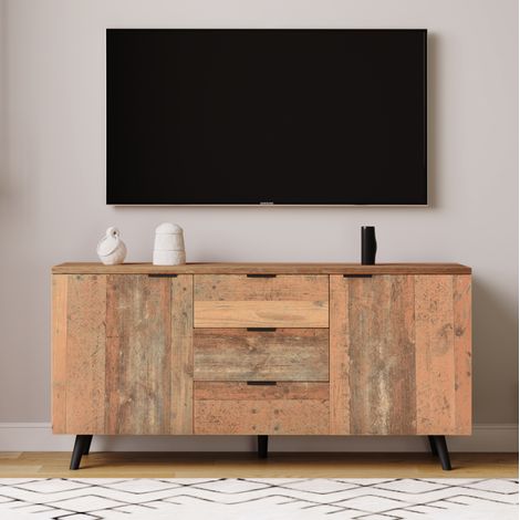MEUBLIV Meuble TV 140 cm brun vintage – 3 tiroirs et étagères réglables (1/5)